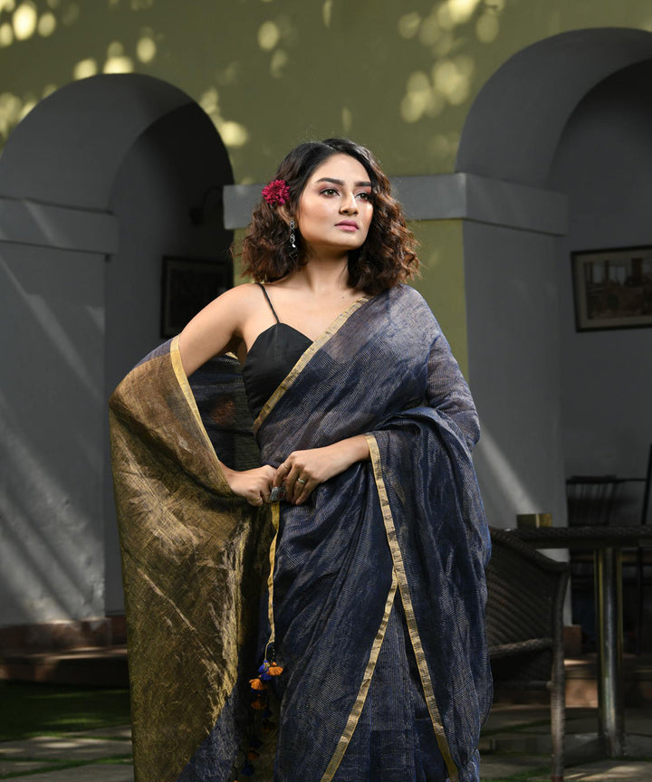 Deep blue handloom bengal linen saree