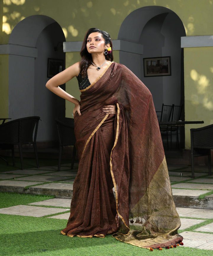 Deep maroon handloom bengal linen saree