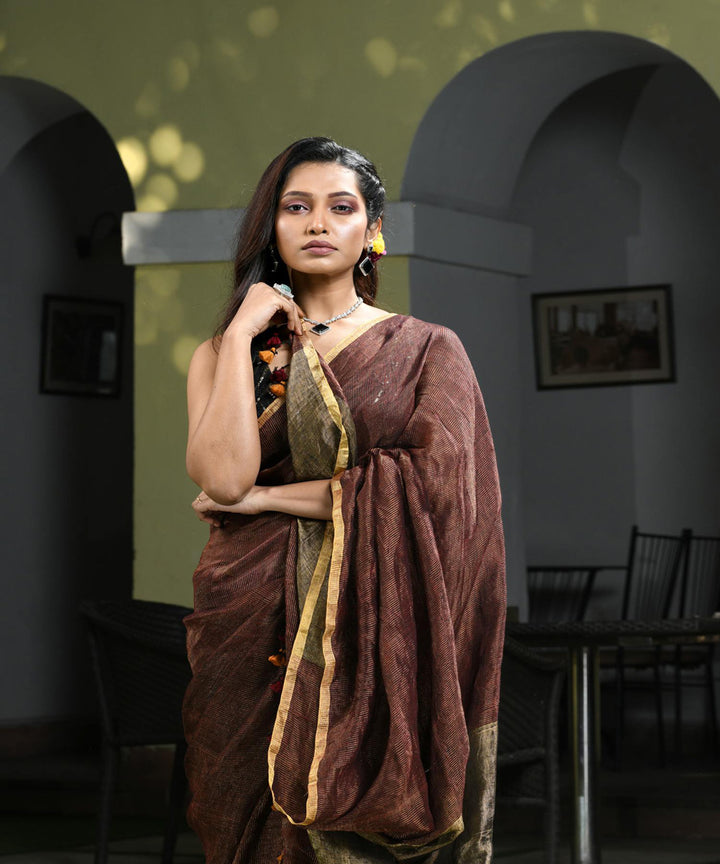 Deep maroon handloom bengal linen saree