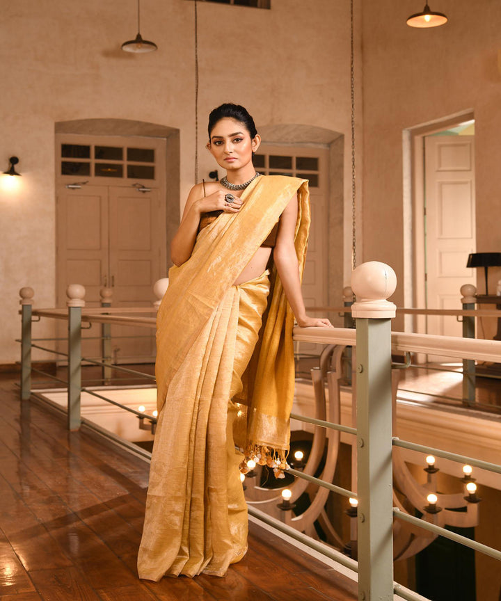 Mustard handloom linen bengal saree