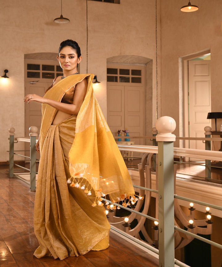 Mustard handloom linen bengal saree