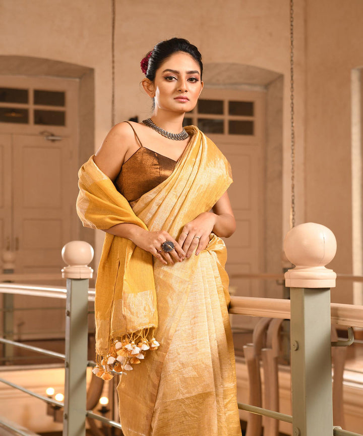 Mustard handloom linen bengal saree