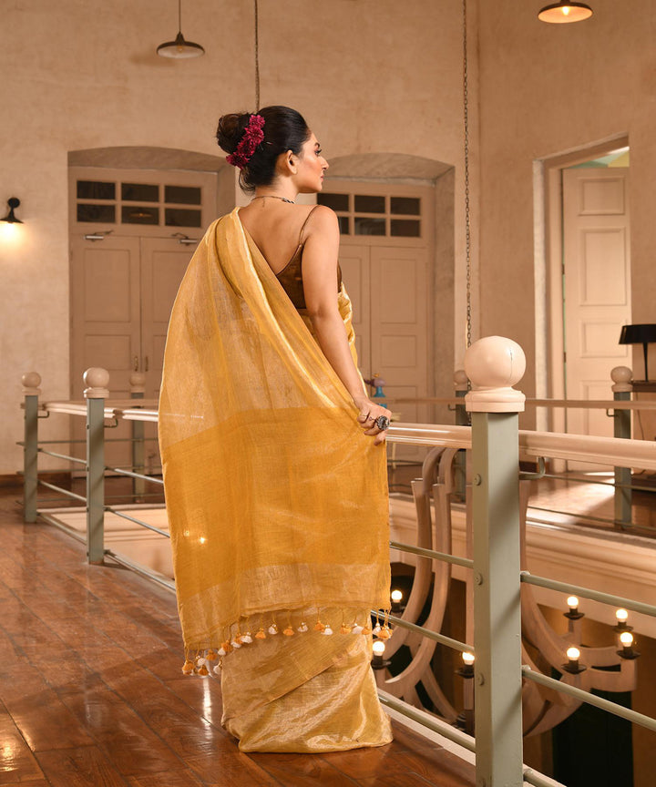 Mustard handloom linen bengal saree