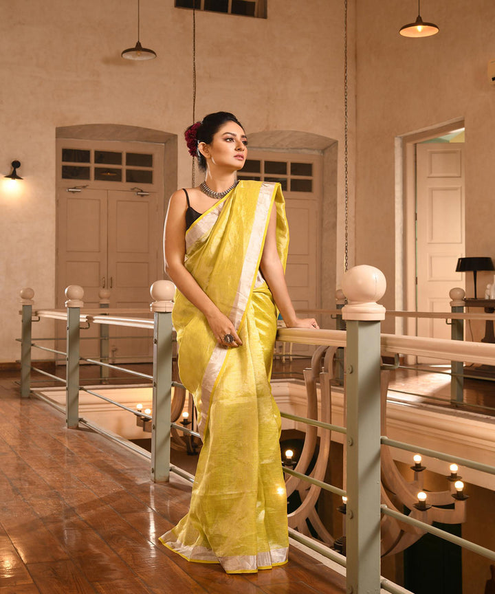 Lime green handloom bengal linen saree