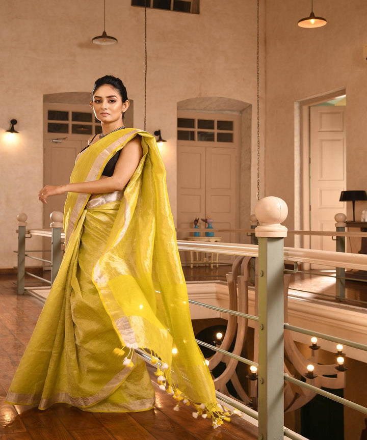 Lime green handloom bengal linen saree