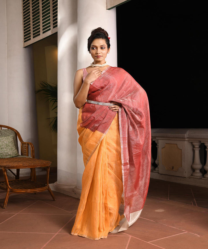 Mustard maroon handloom bengal linen saree