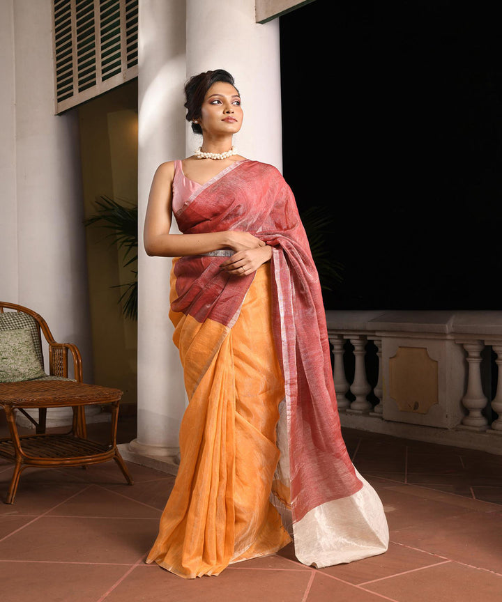 Mustard maroon handloom bengal linen saree