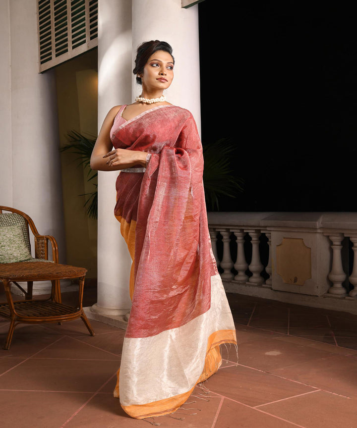 Mustard maroon handloom bengal linen saree