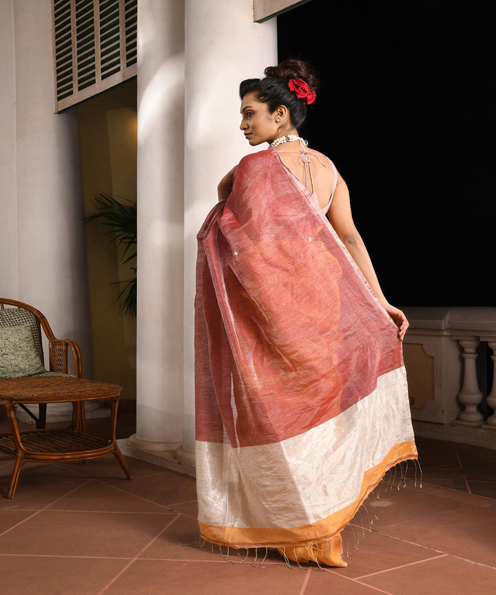Mustard maroon handloom bengal linen saree