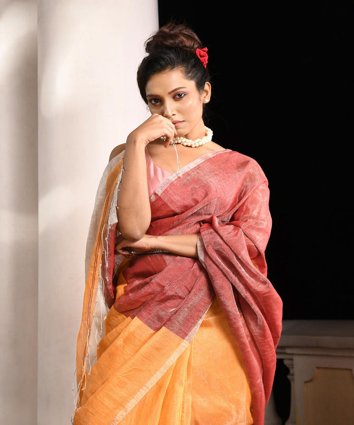 Mustard maroon handloom bengal linen saree
