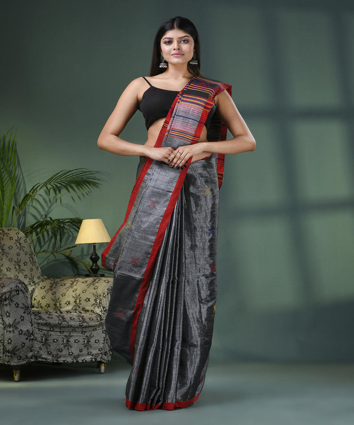 Grey red cotton handloom bengal saree