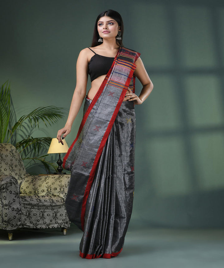 Grey red cotton handloom bengal saree