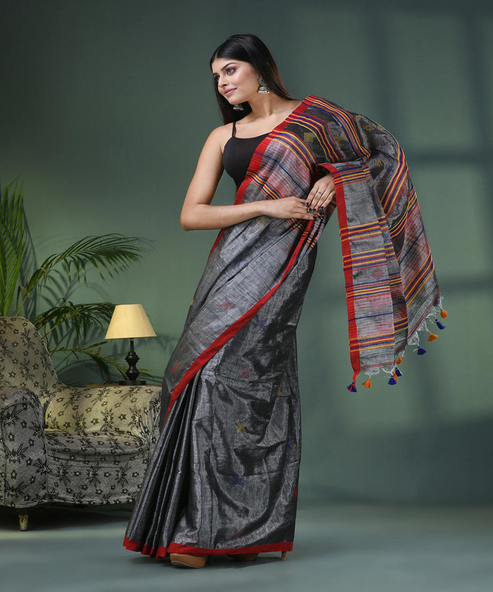 Grey red cotton handloom bengal saree