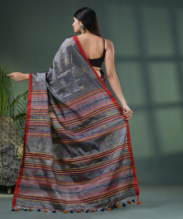 Grey red cotton handloom bengal saree