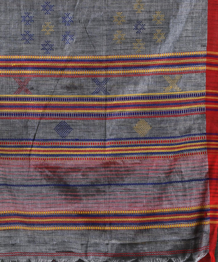 Grey red cotton handloom bengal saree