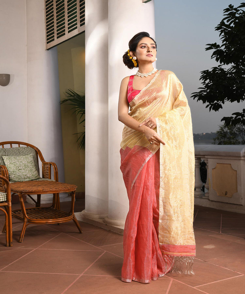 Printed Linen Cotton Saree x Elephants - Pastel Peach x Black