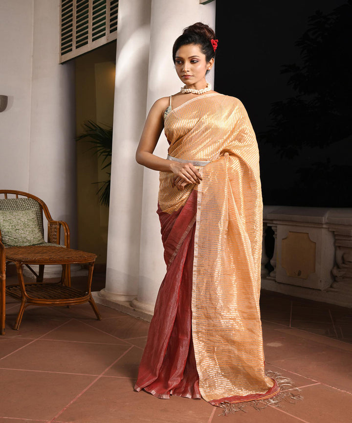 Maroon bengal handloom linen saree