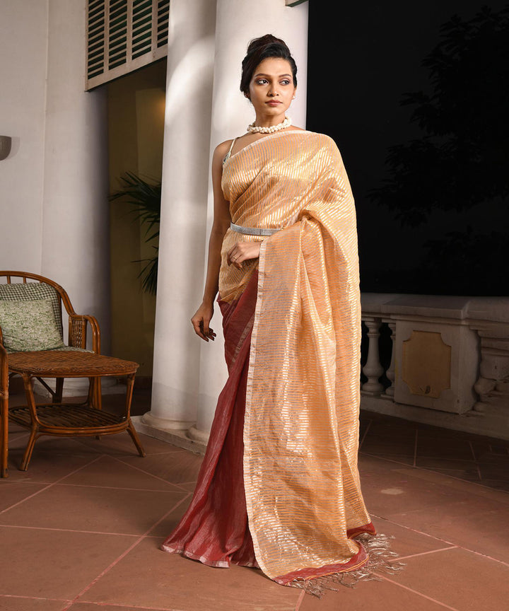 Maroon bengal handloom linen saree