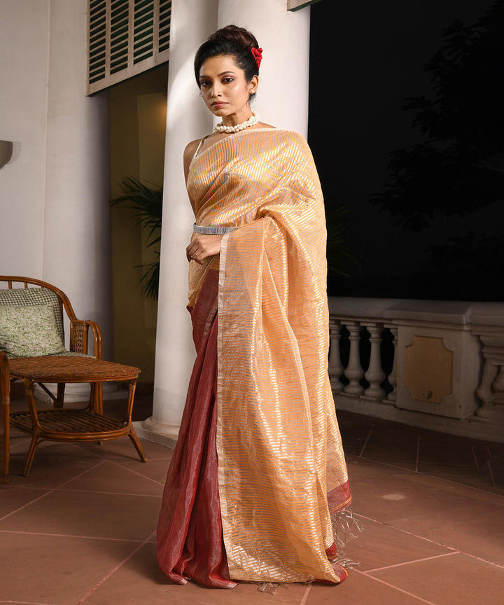 Maroon bengal handloom linen saree