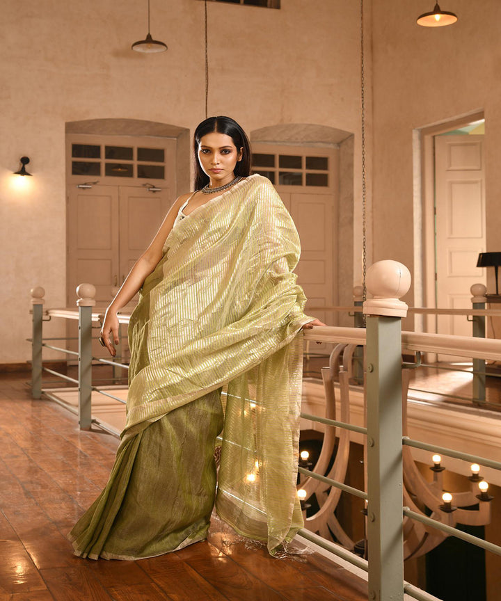 Olive green handloom bengal linen saree