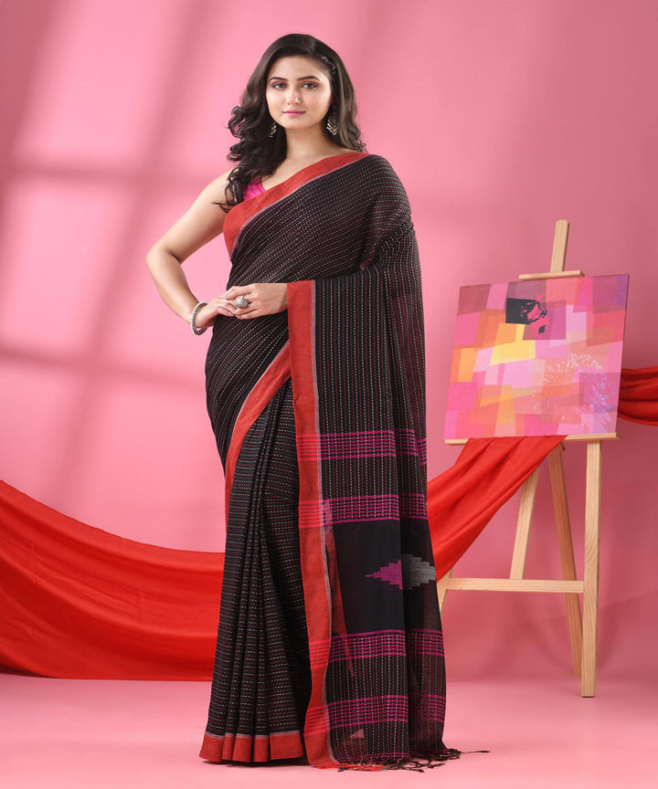 Black red handloom cotton bengal saree