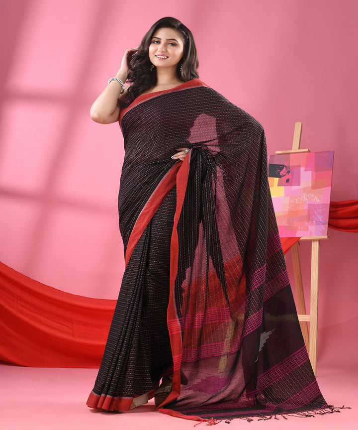 Black red handloom cotton bengal saree