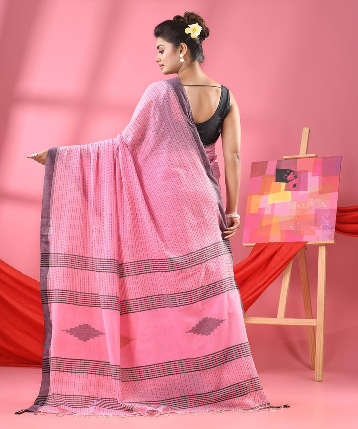 Baby pink black handloom bengal cotton saree