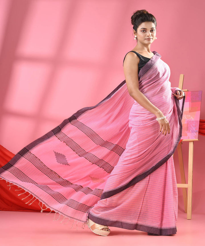 Baby pink black handloom bengal cotton saree