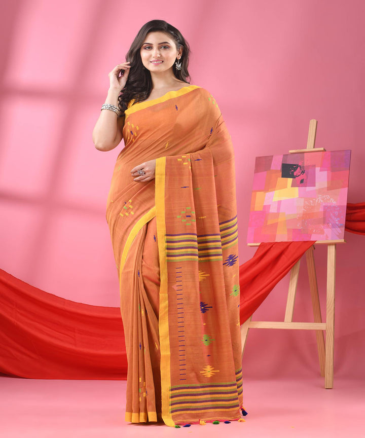 Rust yellow handloom bengal cotton saree