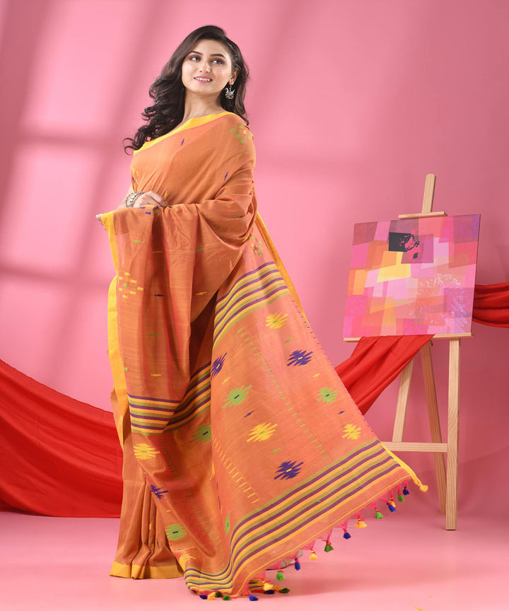 Rust yellow handloom bengal cotton saree