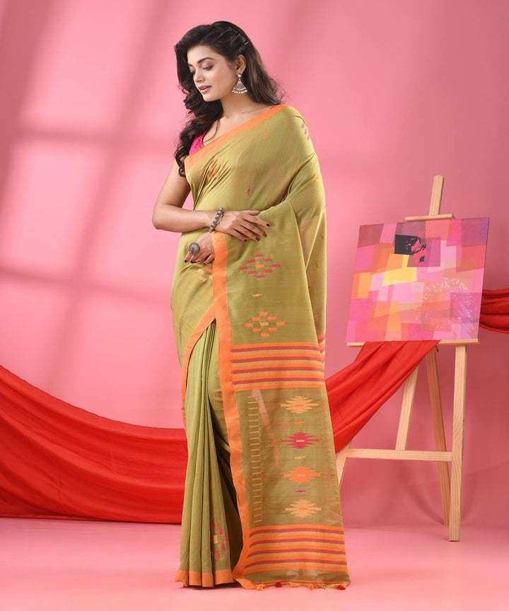 Fern orange handloom bengal cotton saree