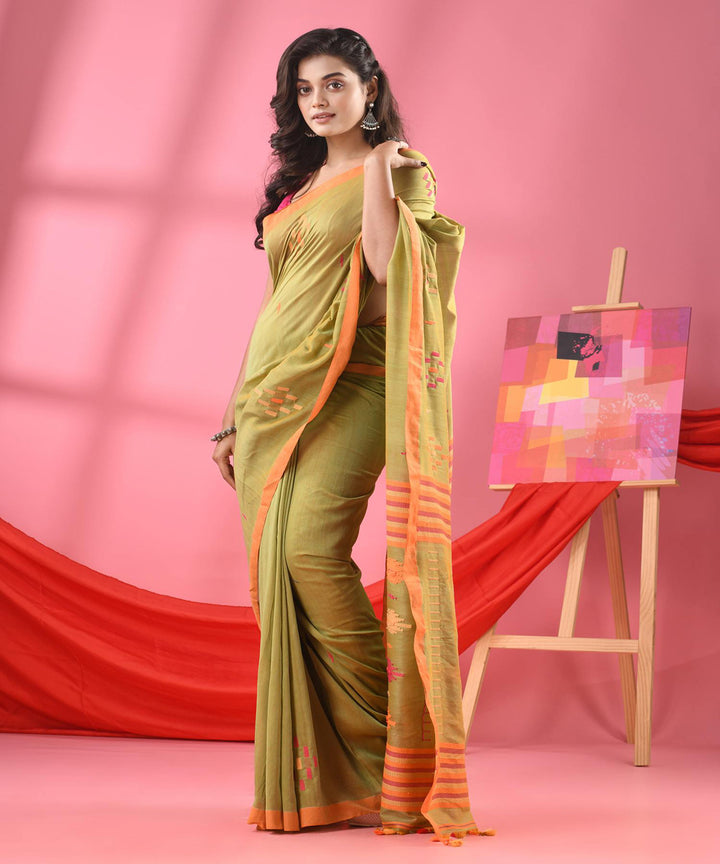 Fern orange handloom bengal cotton saree