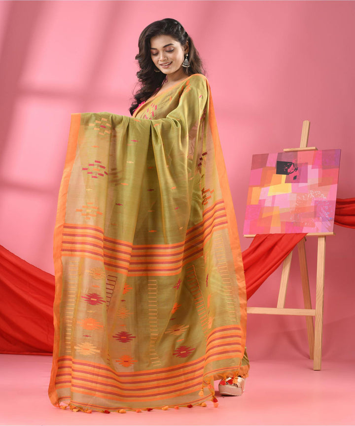 Fern orange handloom bengal cotton saree