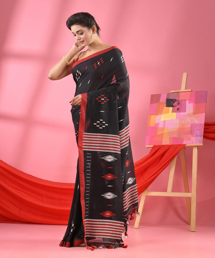 Black red bengal cotton handloom saree