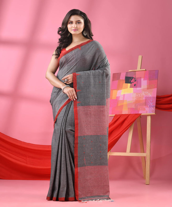 Grey red bengal handloom cotton saree