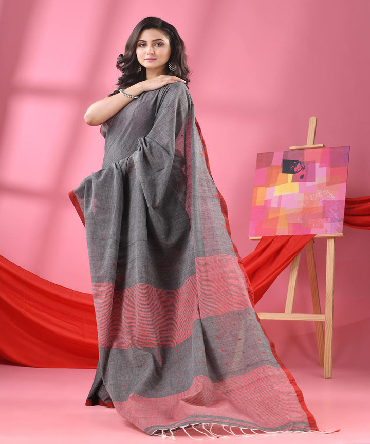 Grey red bengal handloom cotton saree