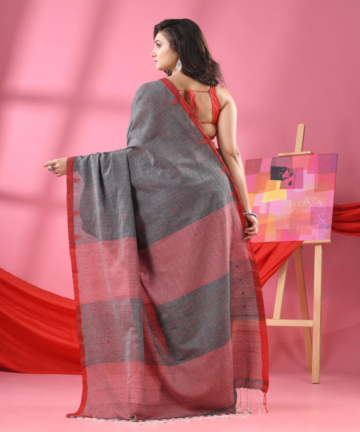 Grey red bengal handloom cotton saree