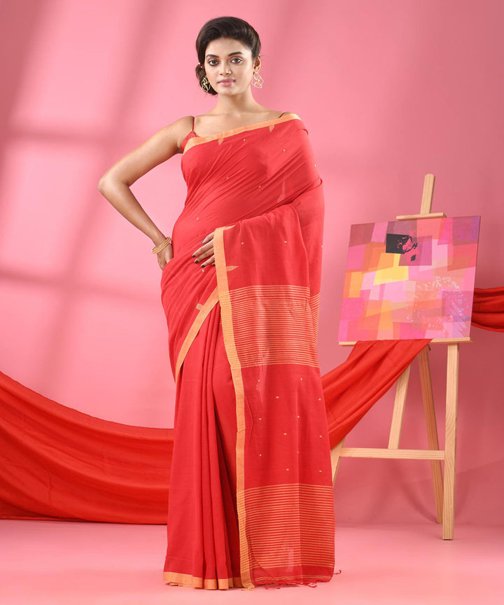 Red beige handloom bengal cotton saree
