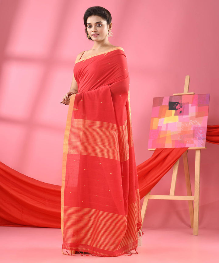 Red beige handloom bengal cotton saree