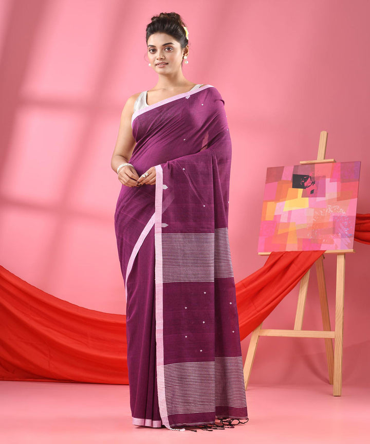 Purple white handloom bengal cotton saree