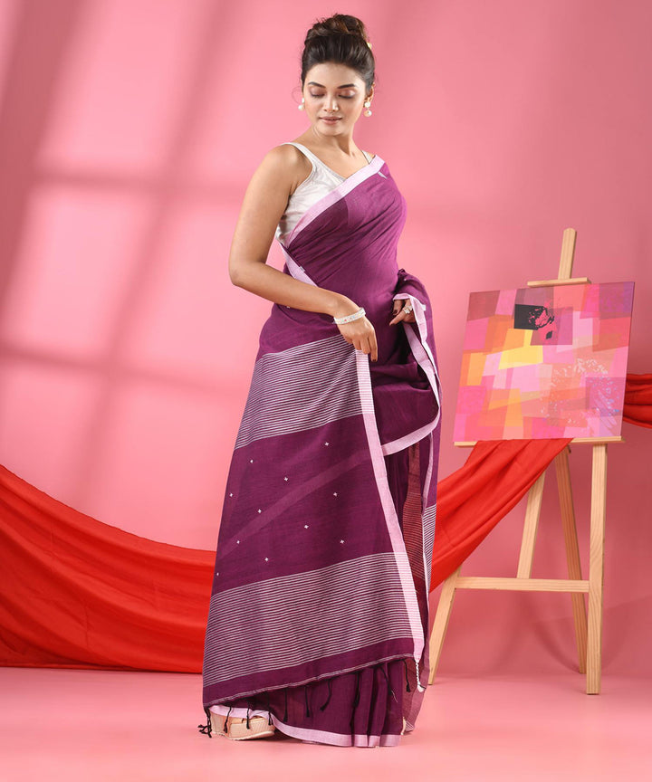 Purple white handloom bengal cotton saree