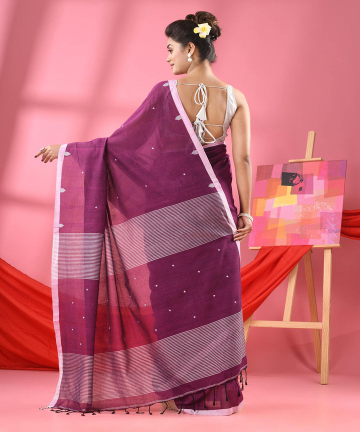 Purple white handloom bengal cotton saree