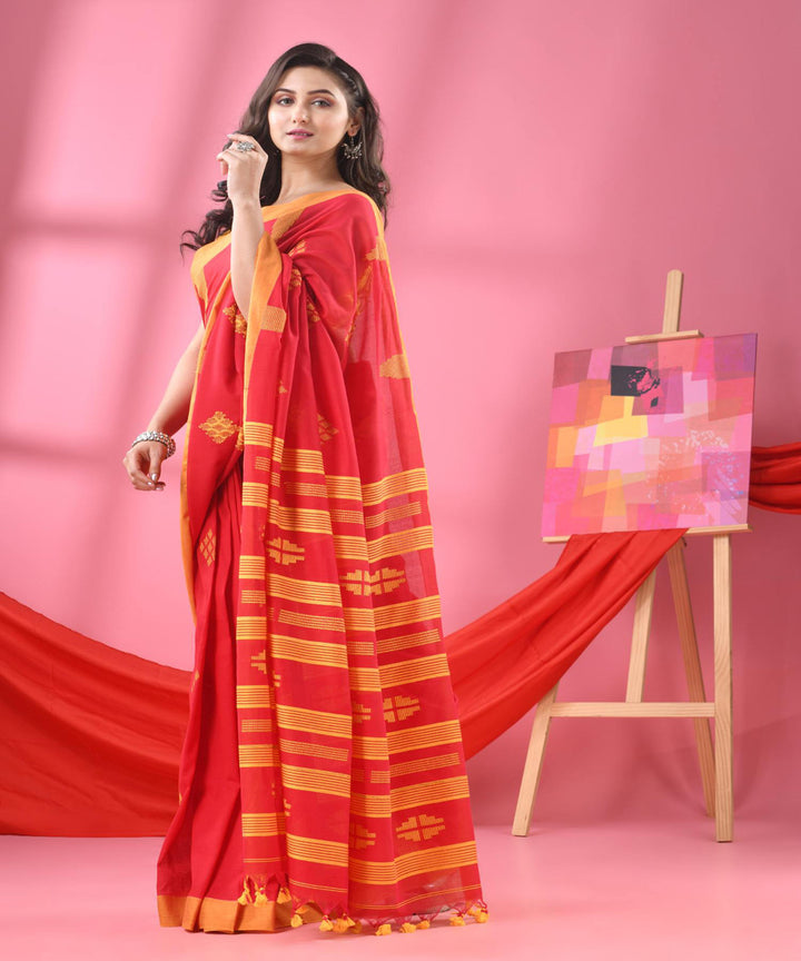 Red yellow temple border handloom bengal cotton saree
