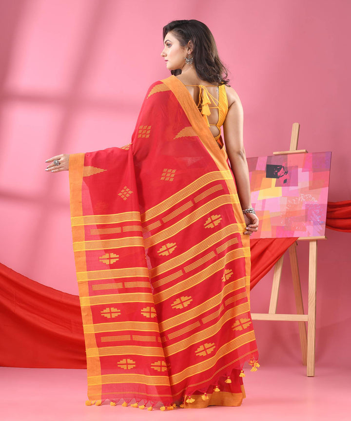 Red yellow temple border handloom bengal cotton saree