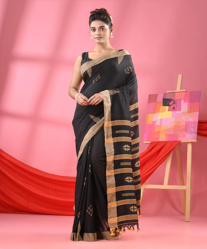 Black beige handloom bengal cotton saree