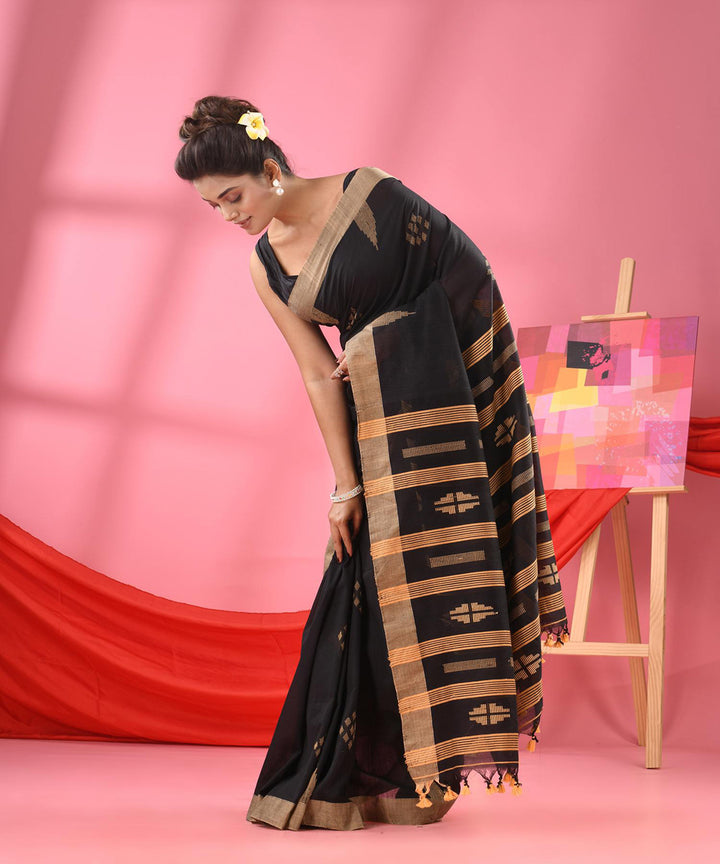 Black beige handloom bengal cotton saree