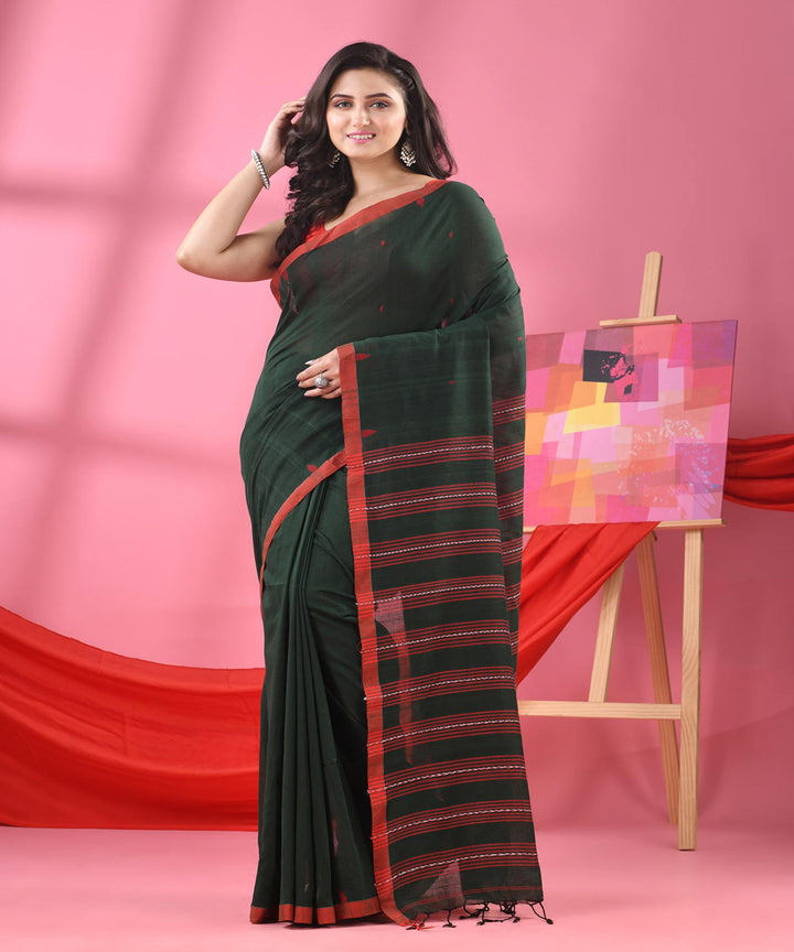 Bottle green red bengal handloom cotton saree