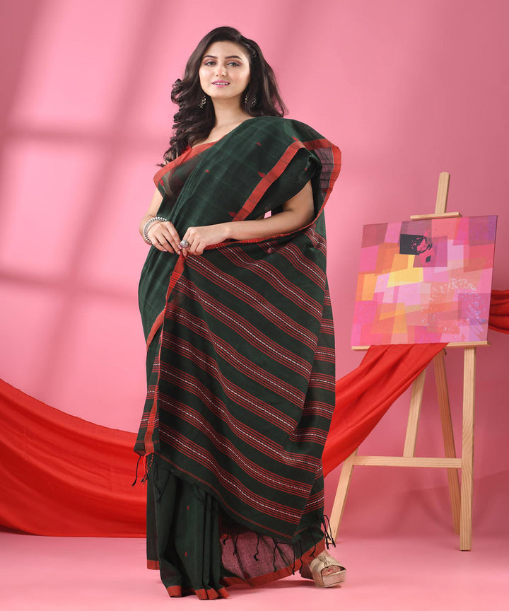 Bottle green red bengal handloom cotton saree