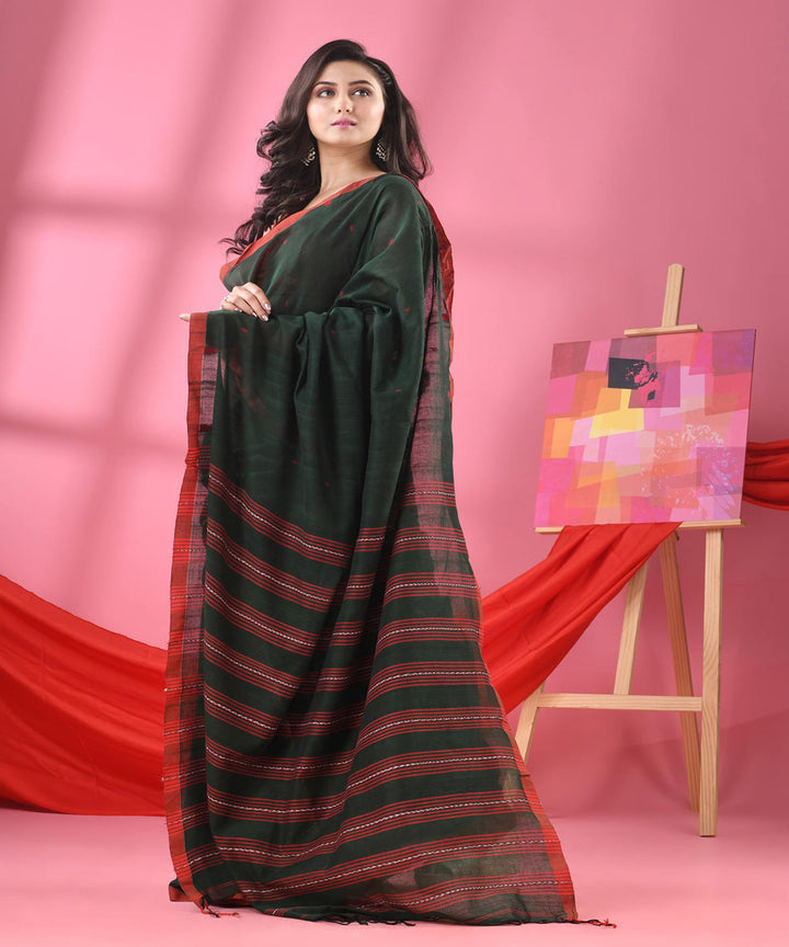 Bottle green red bengal handloom cotton saree