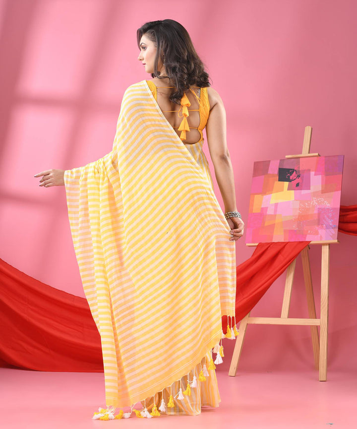 Yellow white handloom bengal cotton saree